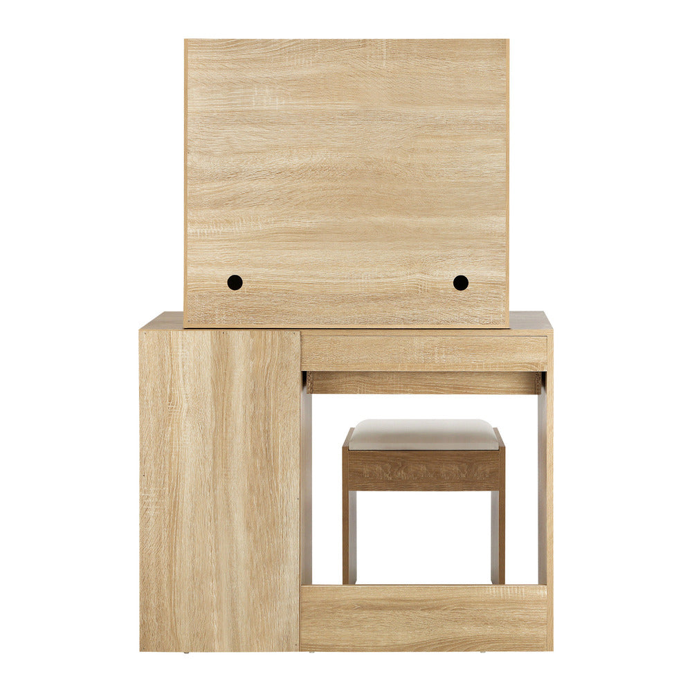 Oikiture Dressing Table Stool Set 12 LED Bulbs Mirror Wooden&White