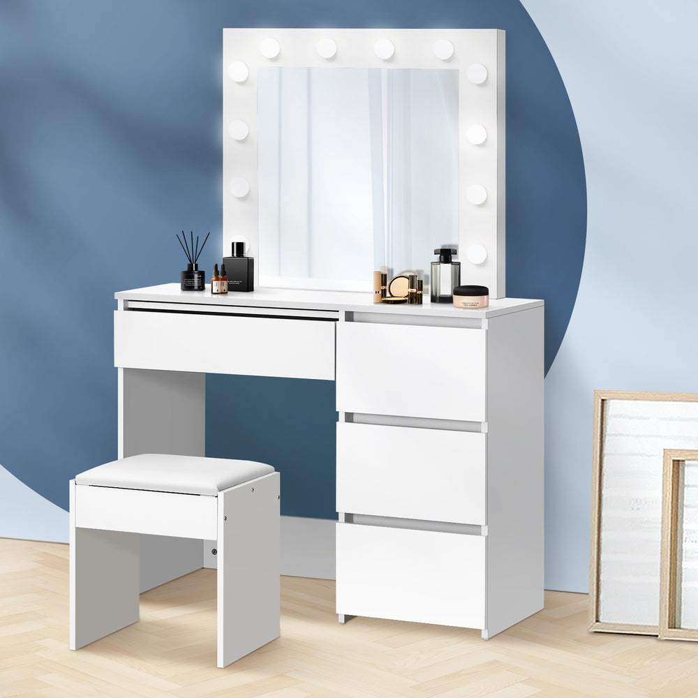 Oikiture Dressing Table Stool Set with 12 Bulbs Mirror White