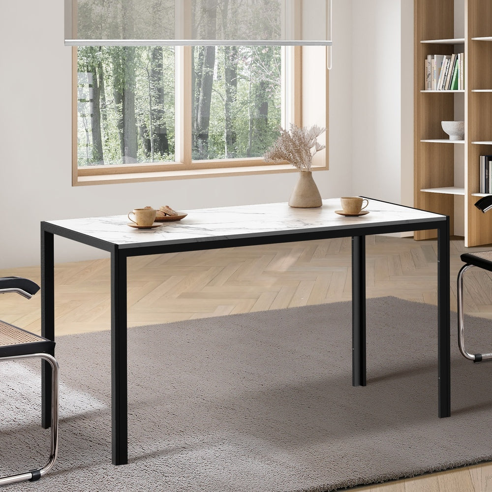 Oikiture 140cm Rectangular Dining Table with Metal Leg White&Black