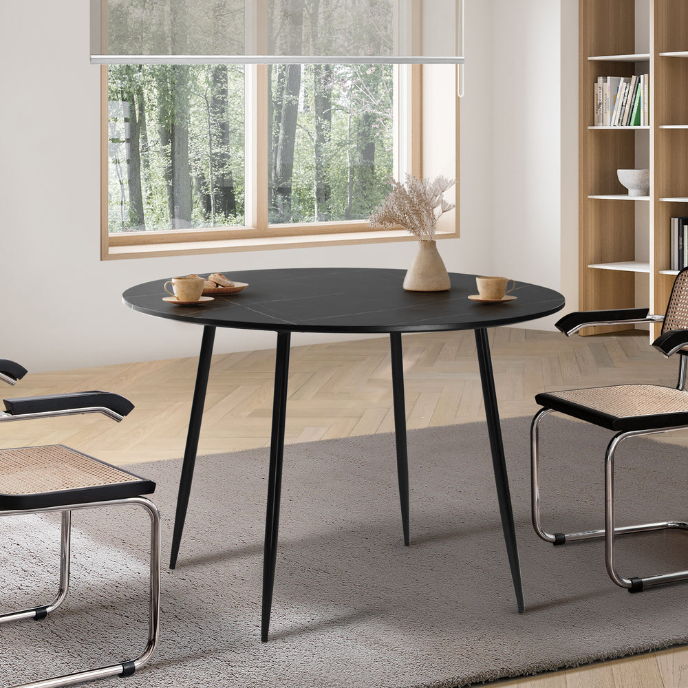 Oikiture 110cm Dining Table With Marble Effect Round Wooden Black