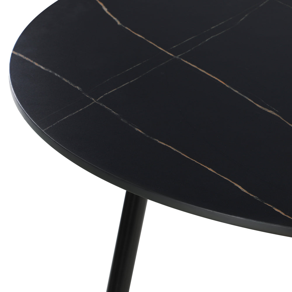 Oikiture 110cm Dining Table With Marble Effect Round Wooden Black