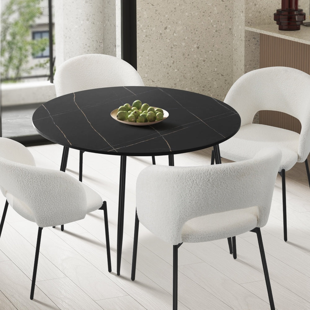 Oikiture 110cm Dining Table With Marble Effect Round Wooden Black