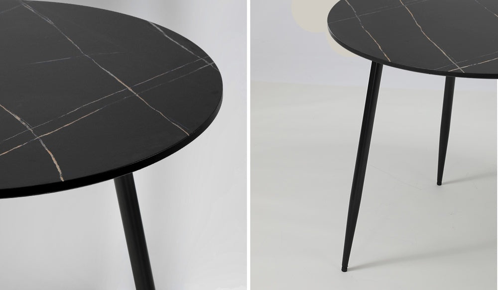 Oikiture 110cm Dining Table With Marble Effect Round Wooden Black