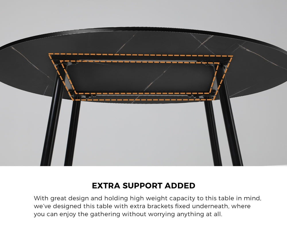 Oikiture 110cm Dining Table With Marble Effect Round Wooden Black