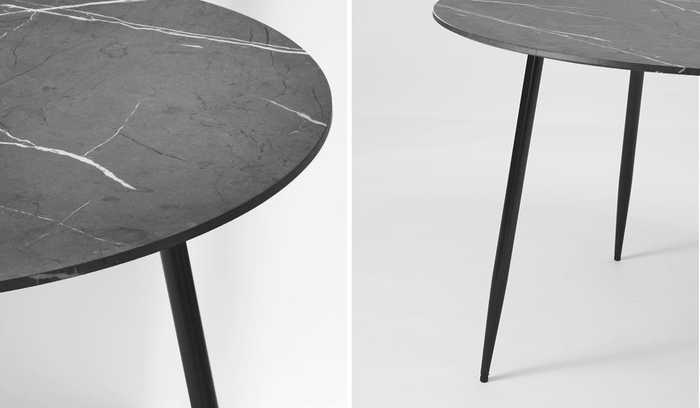 Oikiture 110cm Dining Table With Marble Effect Round Wooden Grey&Black
