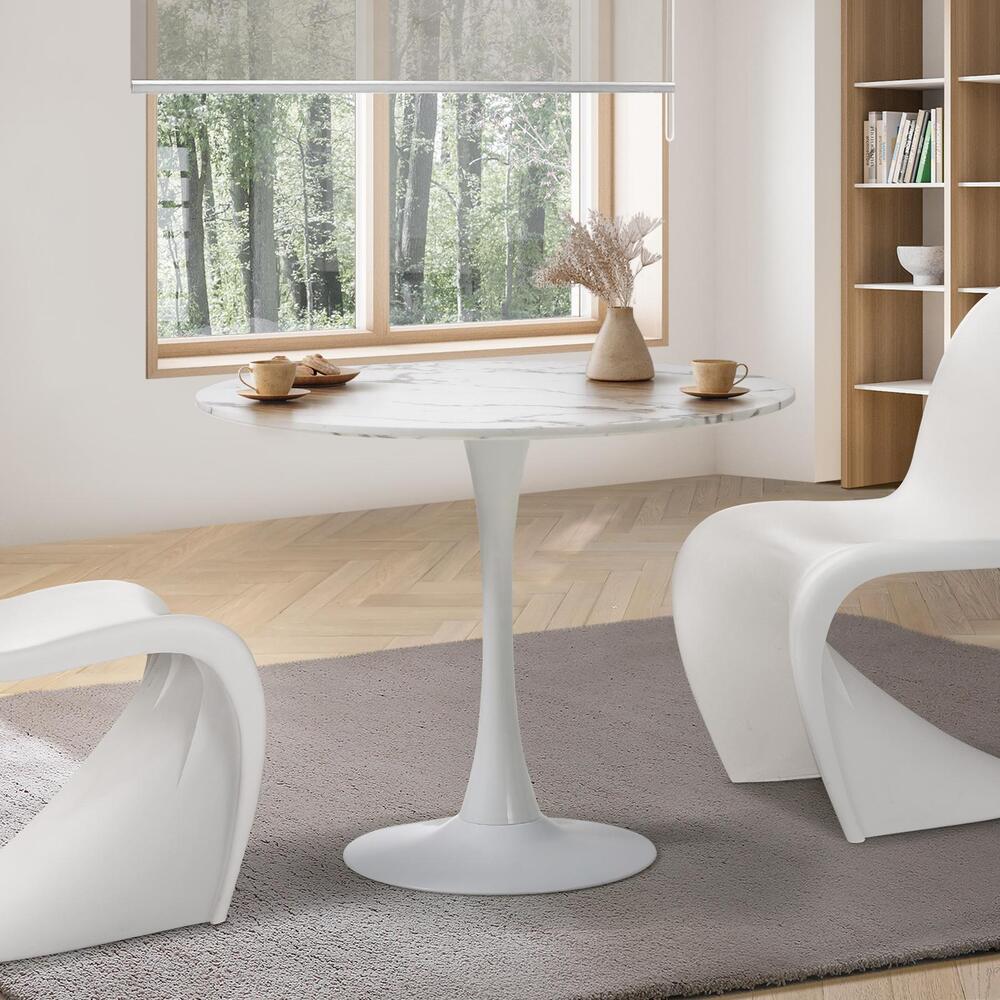 Oikiture 90cm Dining Table Marble Tulip Shape White