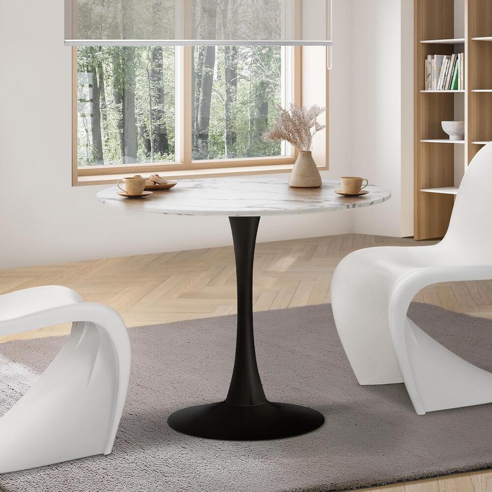 Oikiture 90cm Dining Table Marble Tulip Shape White&Black
