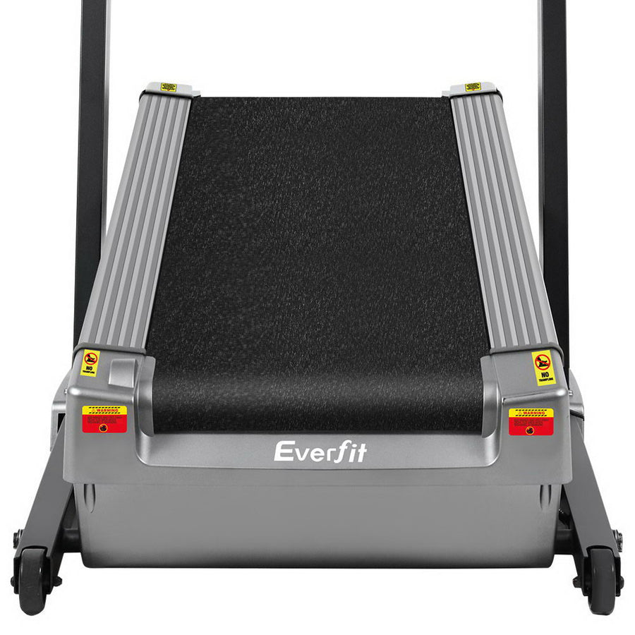 Everfit black electric incline trainer treadmill with LED display for home gym, soft-grip handlebars with pulse sensors