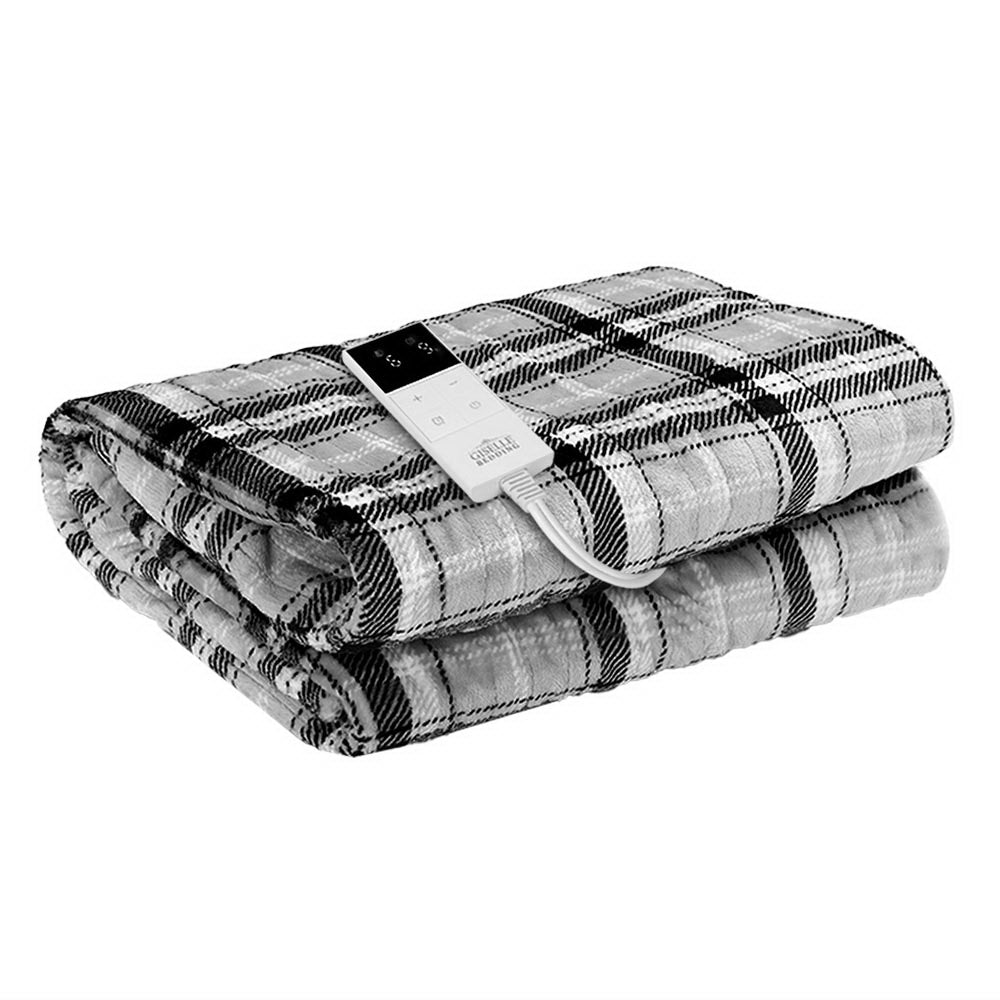 Giselle Bedding Electric Heated Flannel Throw Blanket - Grey and White Checkered, Washable and Cozy