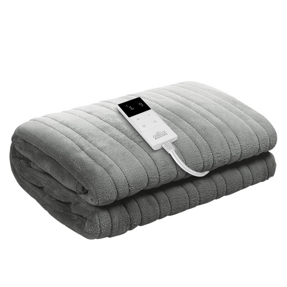 Giselle Bedding Heated Coral Fleece Throw Blanket - Machine Washable Silver with Customizable Warmth