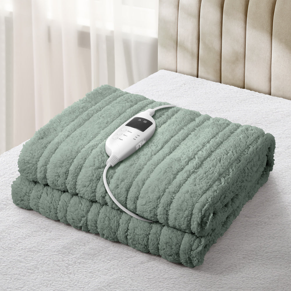 Bedra Electric Heated Blanket Washable Throw Rug Sherpa Coral Fleece Green