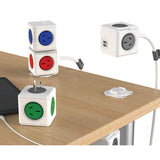 Allocacoc PowerCube Extended USB Powerboard 4-Outlets 2 USB Ports Grey-White 1.5m - Close-Up Angle