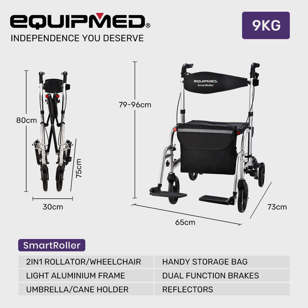 EQUIPMED SmartRoller 2-in-1 Aluminium Rollator and Transit Wheelchair - Silver