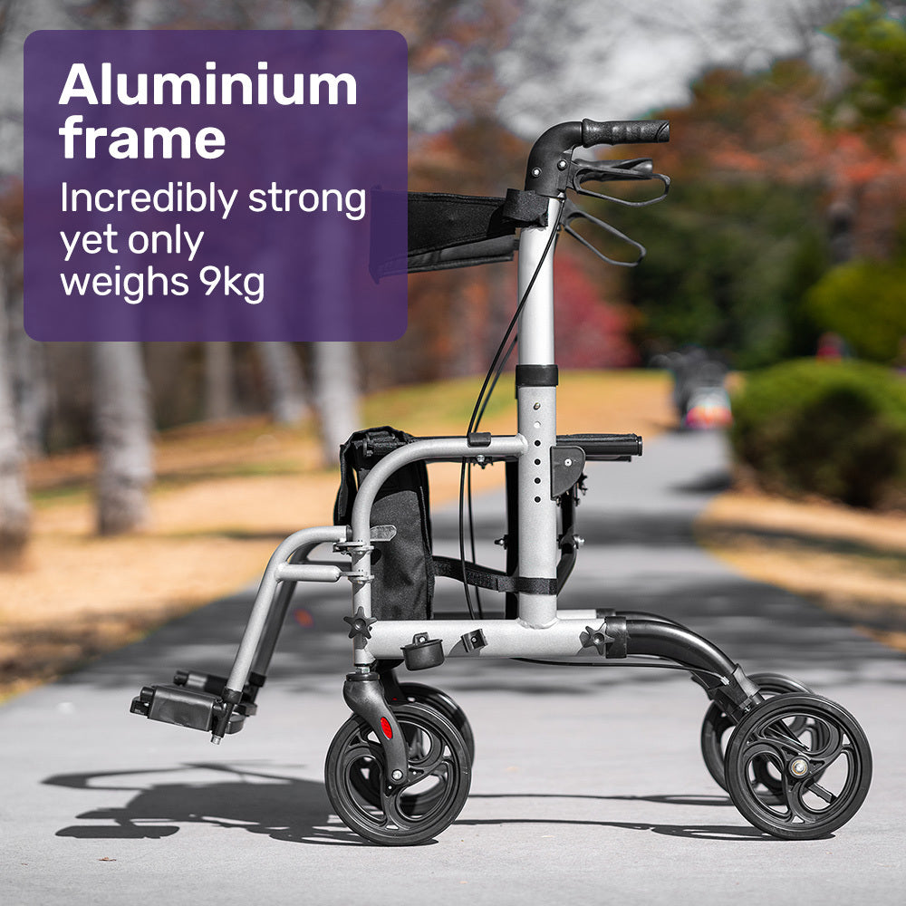 EQUIPMED SmartRoller 2-in-1 Aluminium Rollator and Transit Wheelchair - Silver