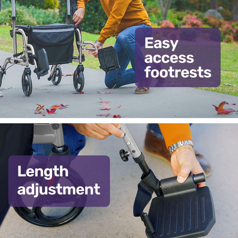 EQUIPMED SmartRoller 2-in-1 Aluminium Rollator and Transit Wheelchair - Silver