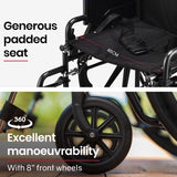 EQUIPMED Cruiseline 24' 136kg Capacity Retractable Armrests Folding Wheelchair - Black - Close-Up Angle