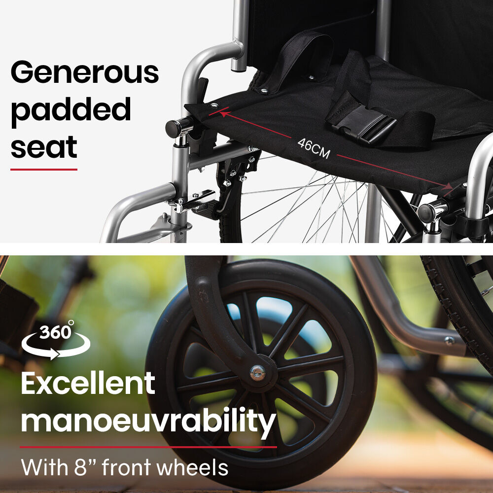 EQUIPMED Cruiseline 24' 136kg Capacity Retractable Armrests Folding Wheelchair - Grey