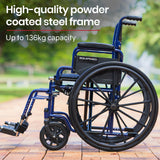 EQUIPMED 24 Inch Folding Wheelchair with Park Brakes, 136kg Capacity, Retractable Armrests, Blue - Front View