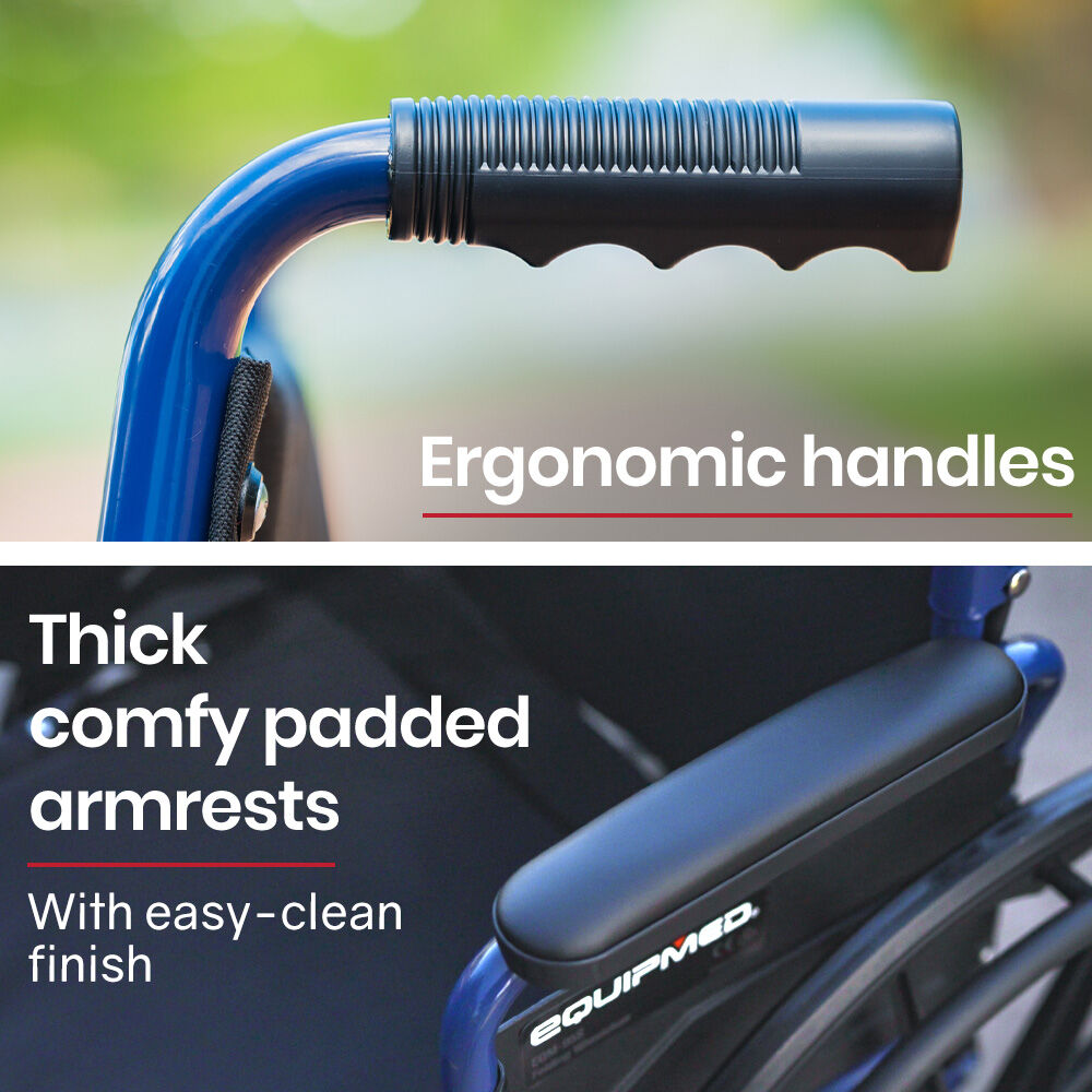 EQUIPMED 24 Inch Folding Wheelchair with Park Brakes, 136kg Capacity, Retractable Armrests, Blue