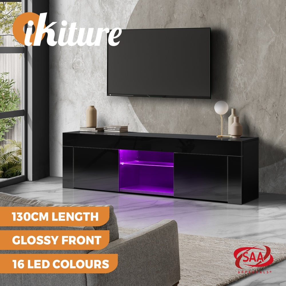 Oikiture TV Stand Cabinet Entertainment Unit RGB LED Gloss 130cm Black