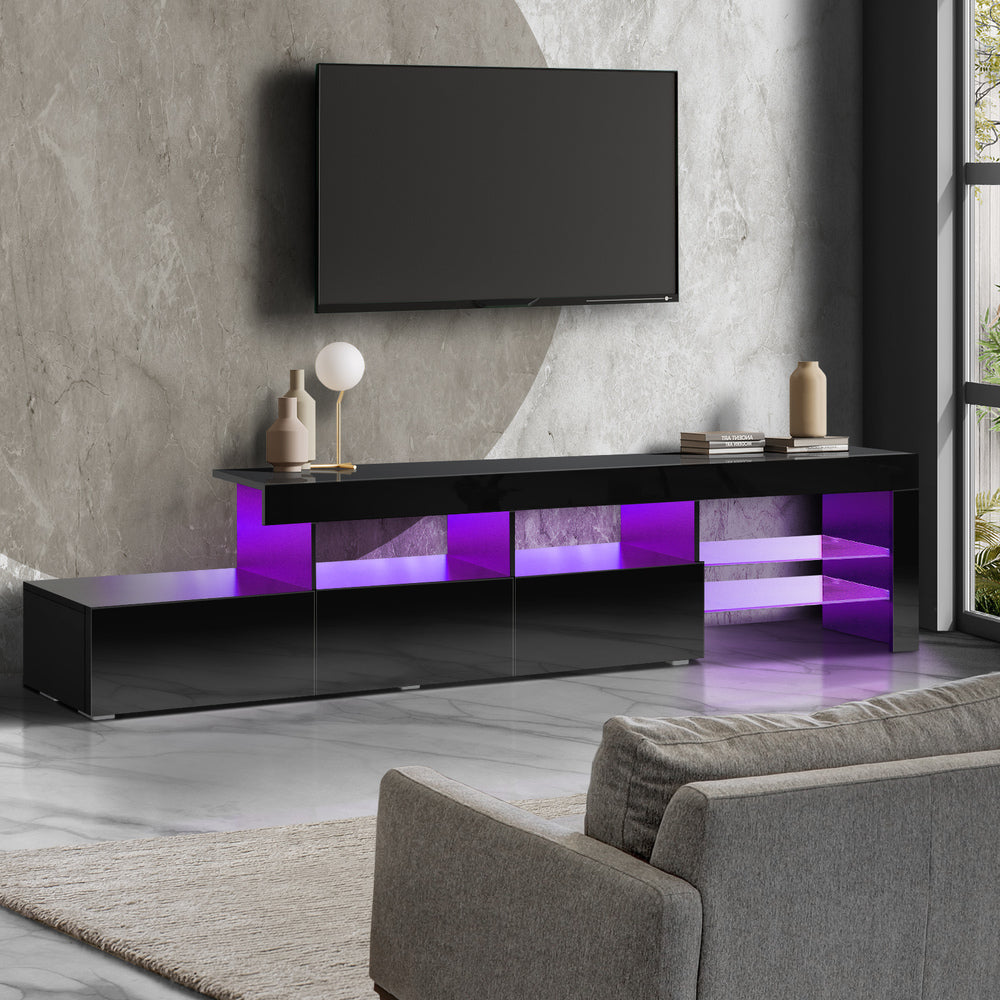 Oikiture TV Stand Cabinet Entertainment Unit RGB LED Gloss Black 220cm