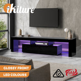 Oikiture Entertainment Unit TV Stand Cabinet LED RGB Gloss Black 180CM - Front View