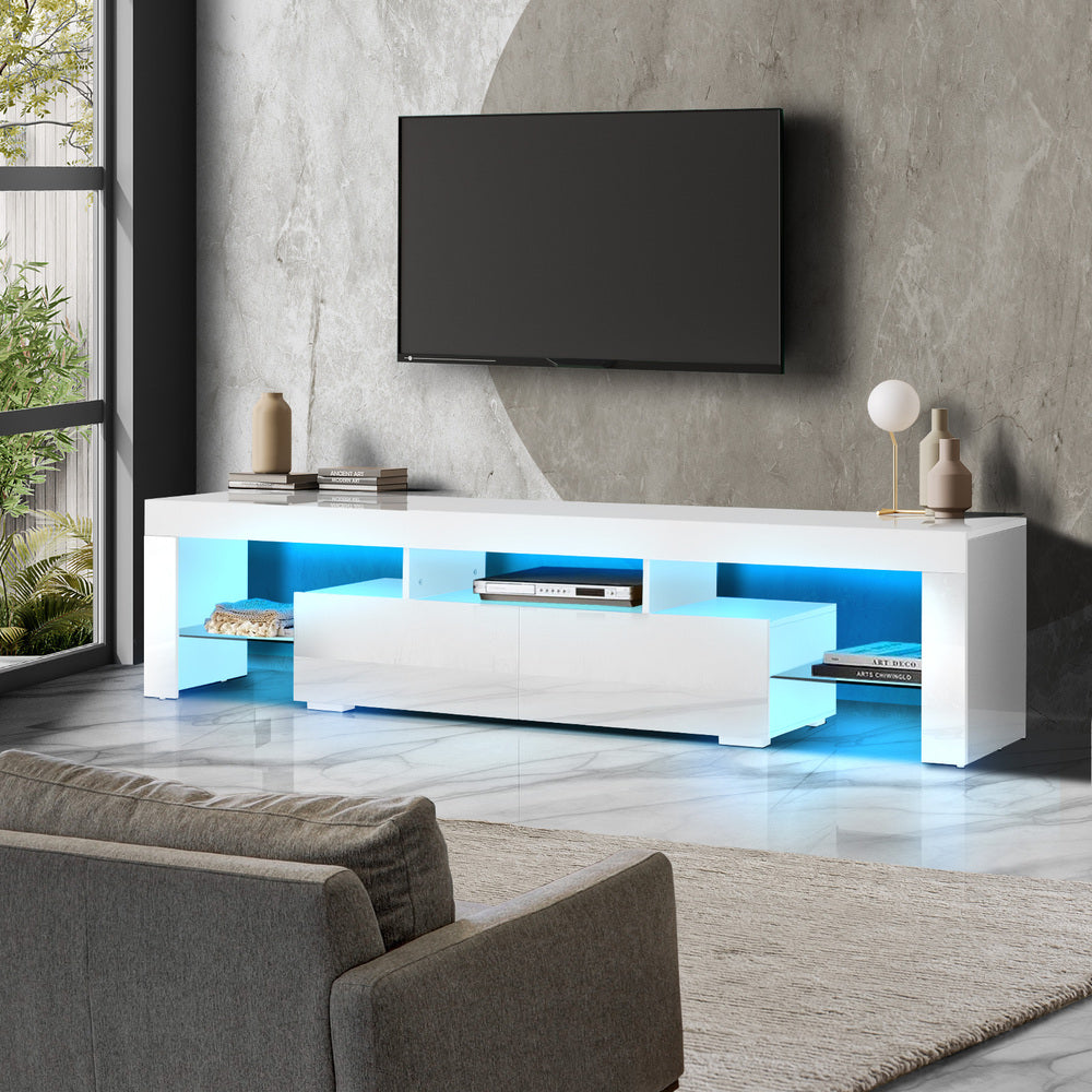 Oikiture Entertainment Unit TV Stand Cabinet LED RGB Gloss White 180CM