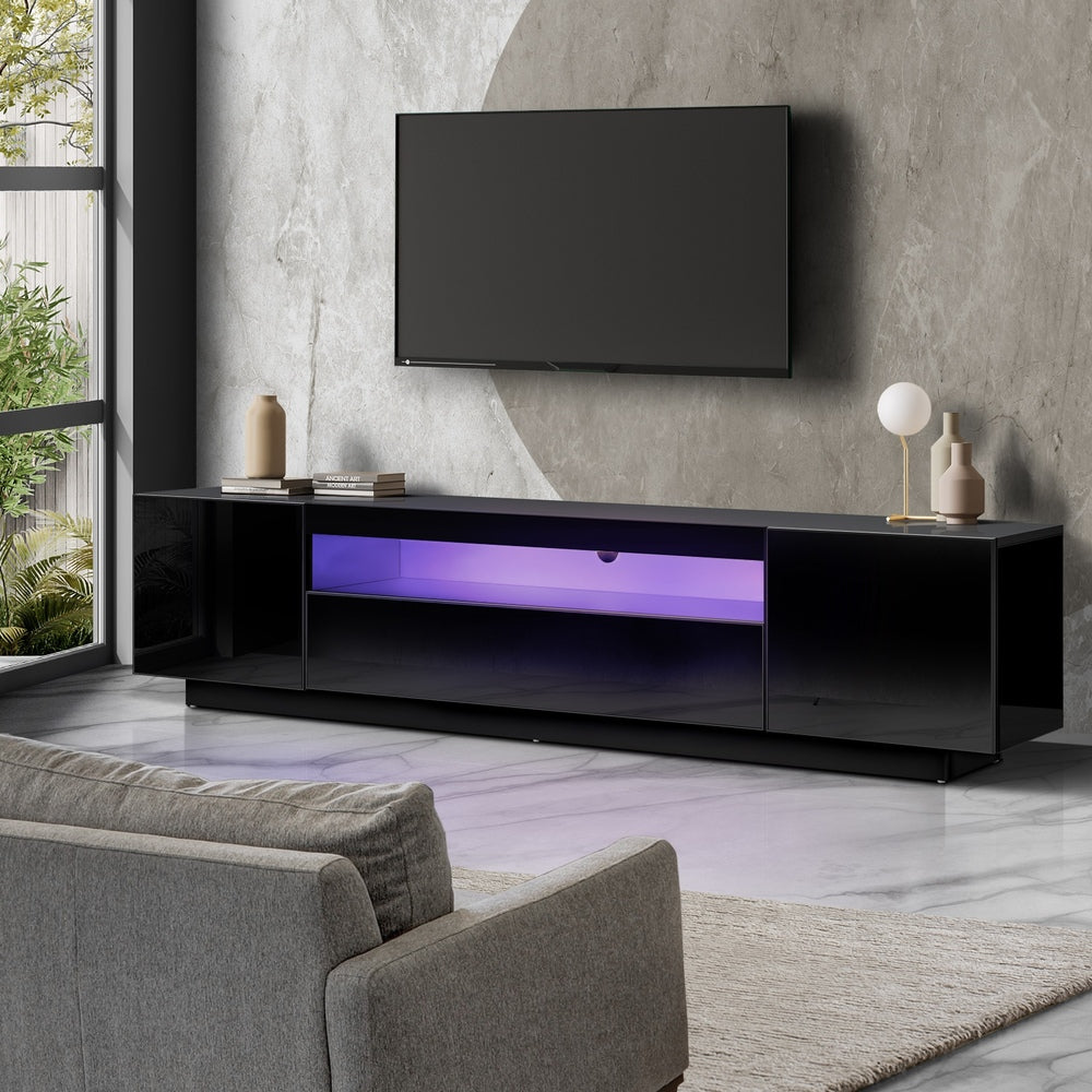 Oikiture Entertainment Unit TV Stand Cabinet Gloss RGB LED Black 180CM