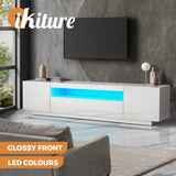 Oikiture TV Stand Cabinet Entertainment Unit Gloss RGB LED White 180CM - 45-Degree Angle