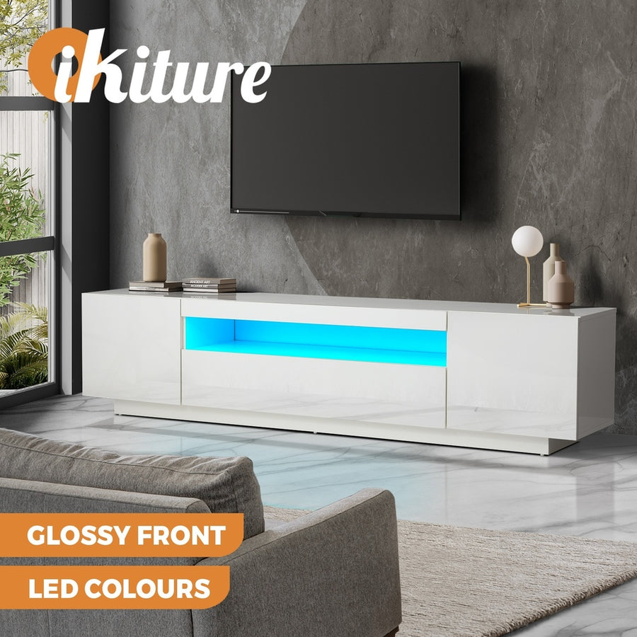 Oikiture TV Stand Cabinet Entertainment Unit Gloss RGB LED White 180CM