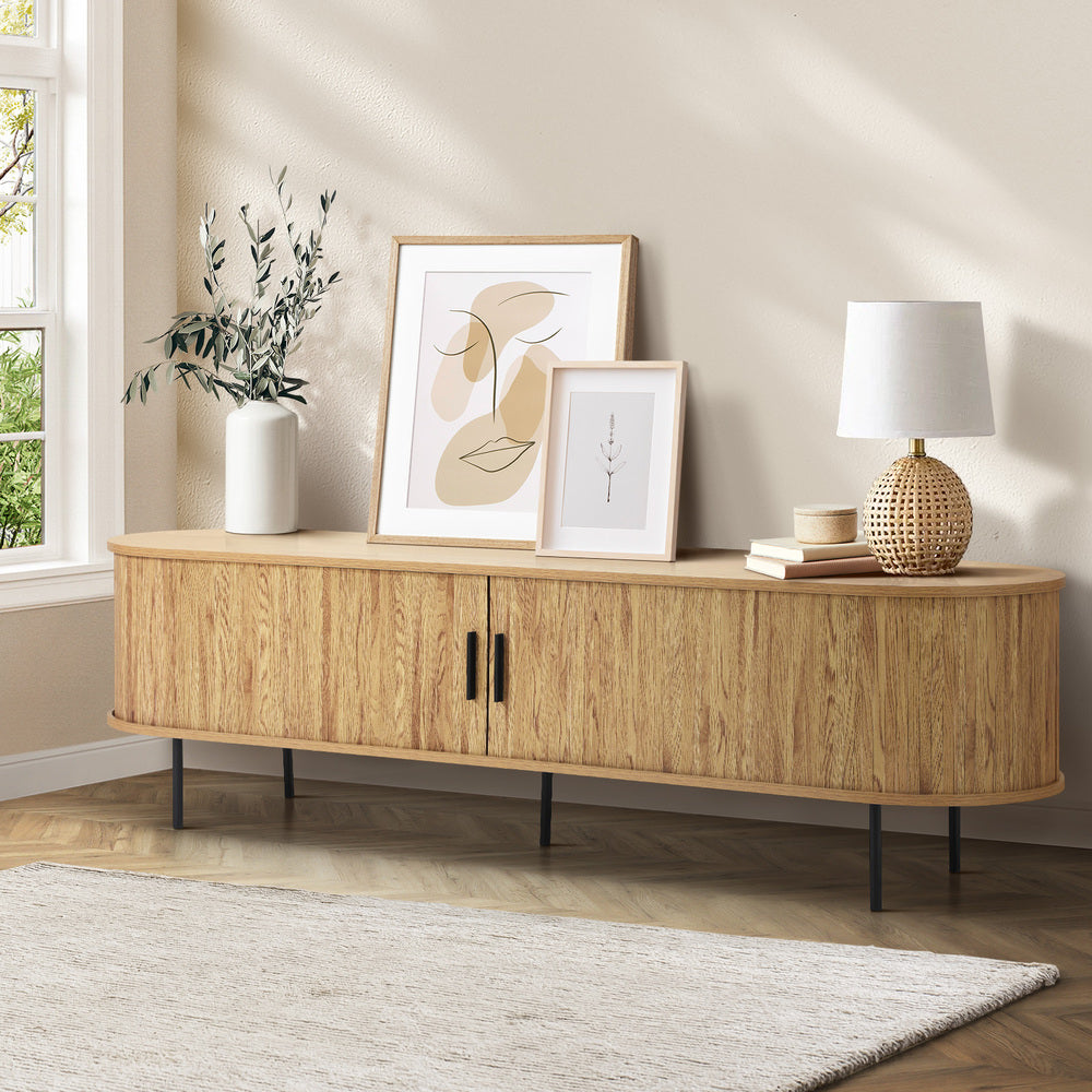 Oikiture Entertainment Unit TV Stand Cabinet 160cm Tambour Doors Oak