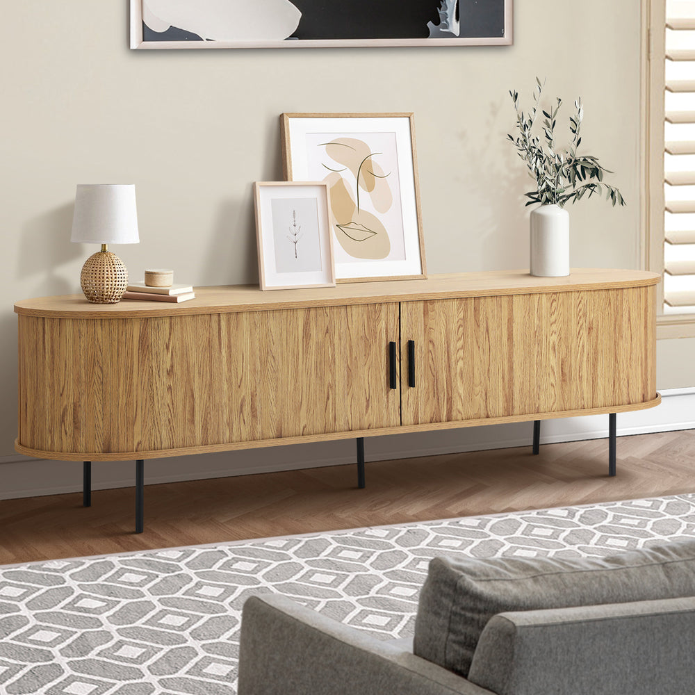 Oikiture Entertainment Unit TV Stand Cabinet 160cm Tambour Doors Oak