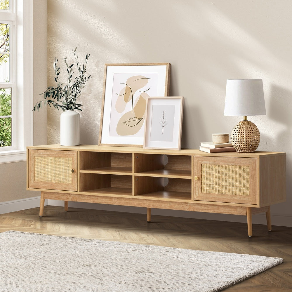 Oikiture TV Stand Cabinet Entertainment Unit 180cm Rattan Doors Oak