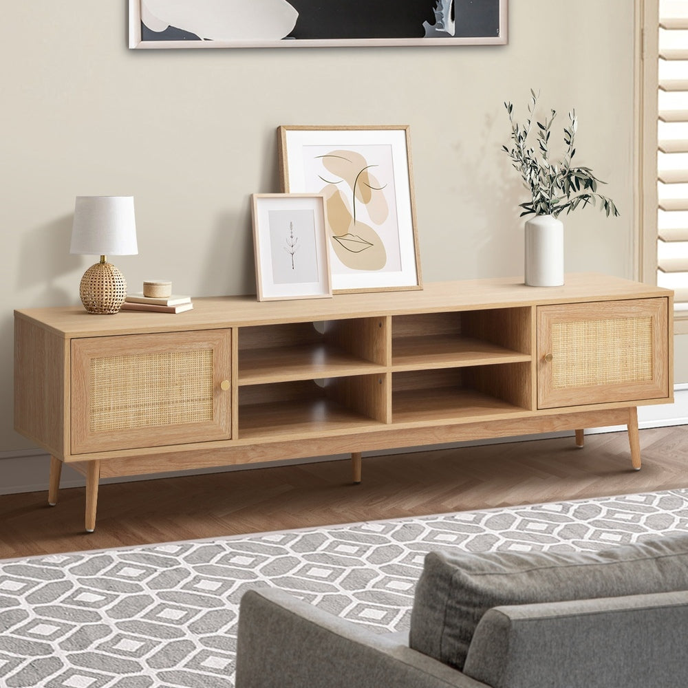 Oikiture TV Stand Cabinet Entertainment Unit 180cm Rattan Doors Oak