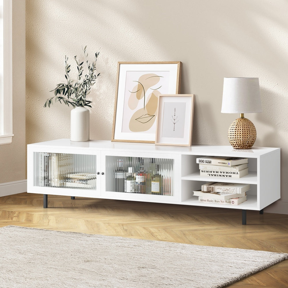 Oikiture TV Stand Cabinet Entertainment Unit Tempered-glass Doors White