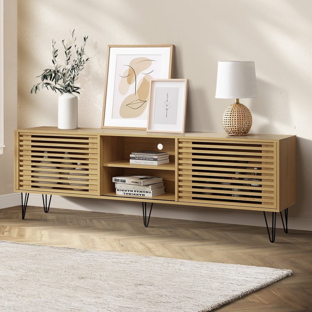 Oikiture TV Stand Cabinet Entertainment Unit Sliding Door 180cm Natural
