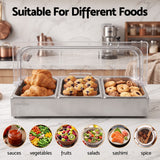 5-Star Chef 3 Pan Food Serving Display Stainless Steel with Clear Roll Top Cover - Close-Up Angle