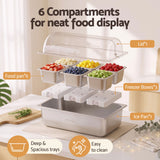 5-Star Chef 6 Pan Food Serving Display Stainless Steel Cooler Platter with Clear Roll Top Cover - Top-Down View