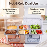 5-Star Chef 6 Pan Food Serving Display Stainless Steel Cooler Platter with Clear Roll Top Cover - 45-Degree Angle