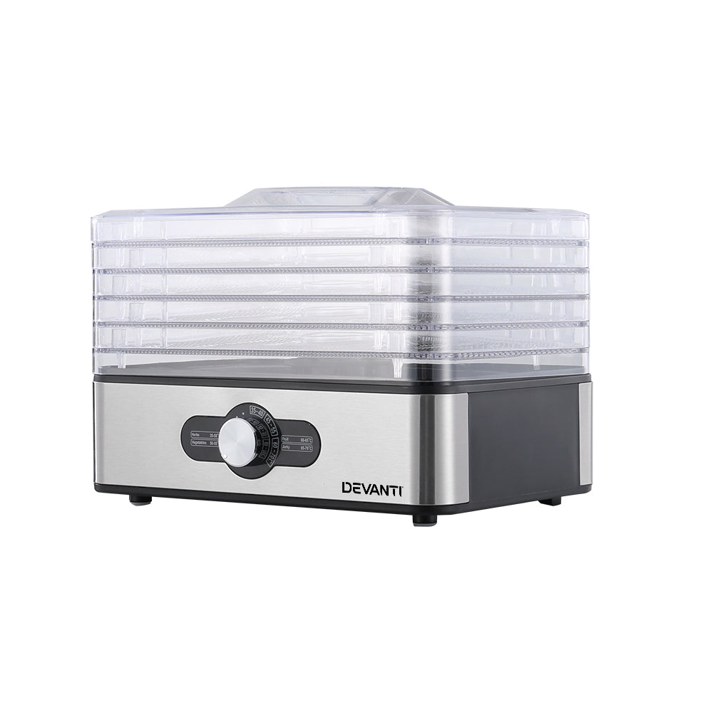Devanti Stainless Steel 5-Tray Food Dehydrator with Adjustable Thermostat