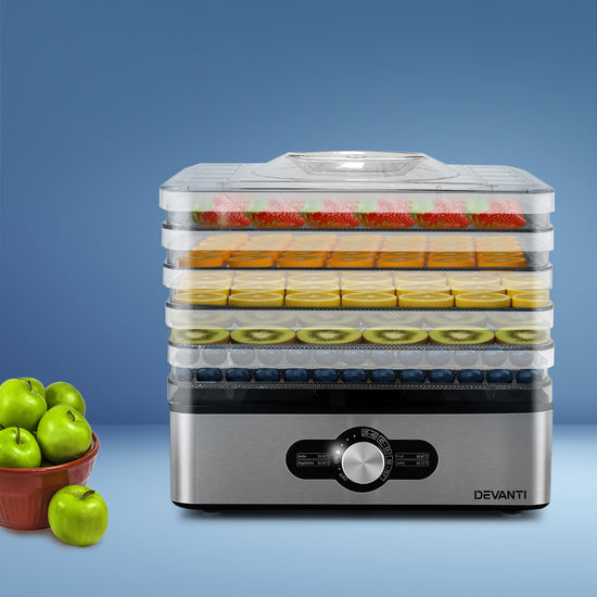 Devanti Stainless Steel 5-Tray Food Dehydrator with Adjustable Thermostat