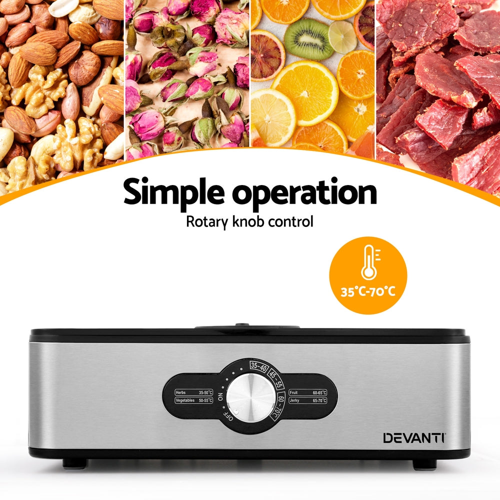 Devanti Stainless Steel 5-Tray Food Dehydrator with Adjustable Thermostat