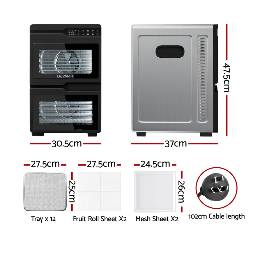 Devanti 12 Trays Food Dehydrator Dual-Zone Stainless Steel Fruit Jerky Dryer, image 3