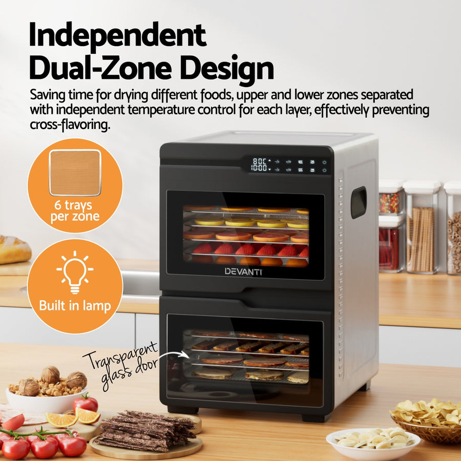 Devanti 12 Trays Food Dehydrator Dual-Zone Stainless Steel Fruit Jerky Dryer, image 5