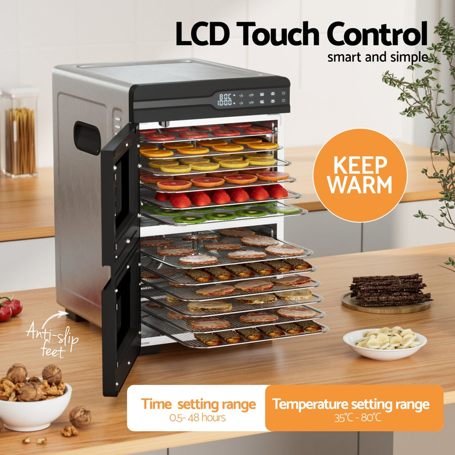 Devanti 12 Trays Food Dehydrator Dual-Zone Stainless Steel Fruit Jerky Dryer, image 6