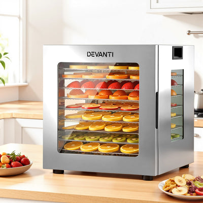 Devanti 10 Trays Food Dehydrator Stainless Steel Visible Glass Door 850W