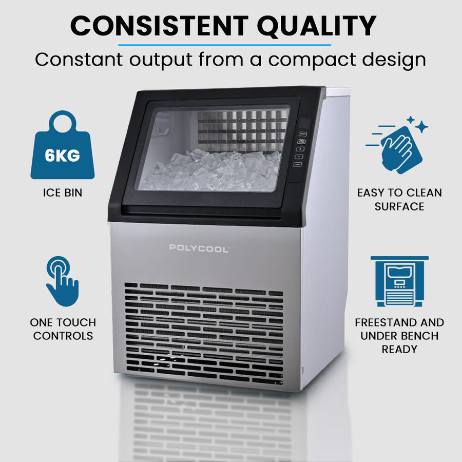POLYCOOL Commercial Ice Maker Machine, up to 45kg/24hr, Timer & Self Cleaning Programs
