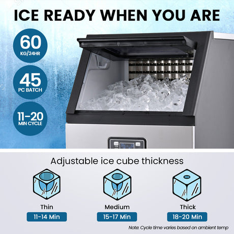 POLYCOOL Commercial Ice Maker Machine, up to 60kg/24hr, Timer & Self Cleaning Programs, image 4