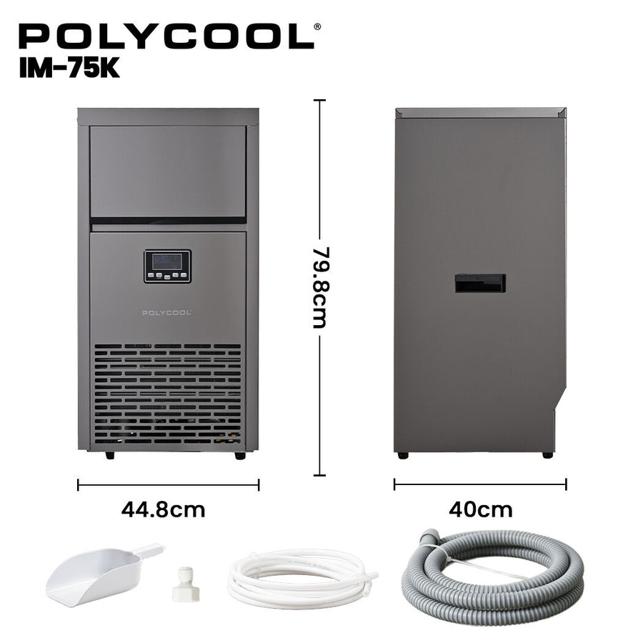 POLYCOOL Commercial Ice Maker Machine, up to 75kg/24hr, Timer & Self Cleaning Programs