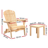 Gardeon 3PC Adirondack Outdoor Table and Chairs Wooden Foldable Beach Chair Natural - Front View